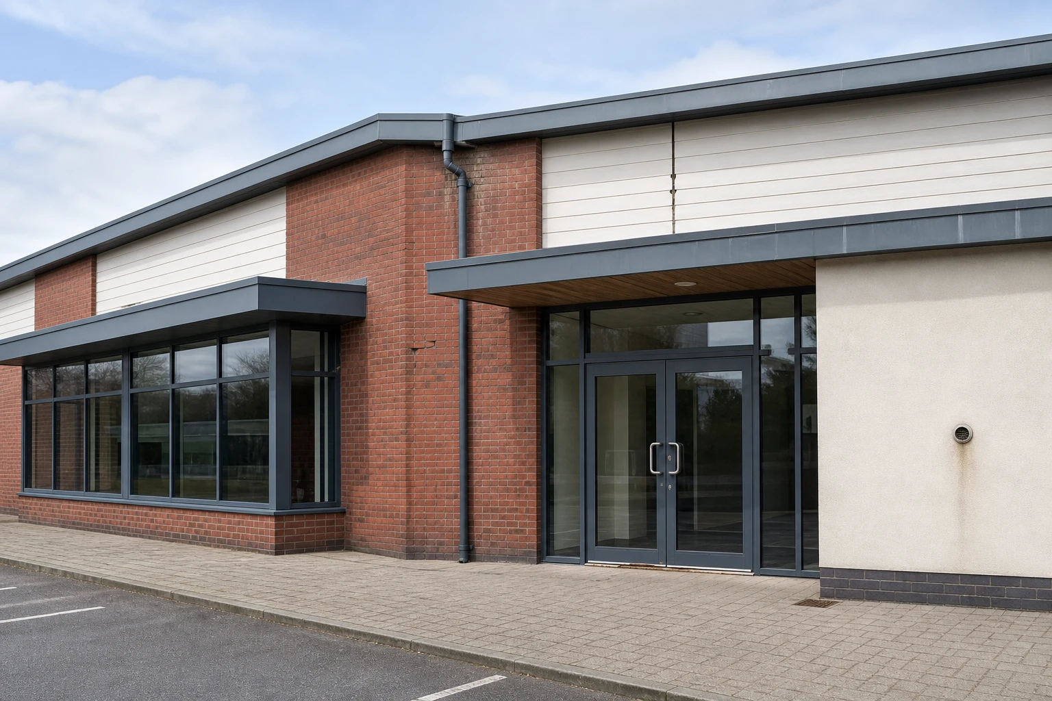 Illustrative low-rise British leisure centre with six example inspection points