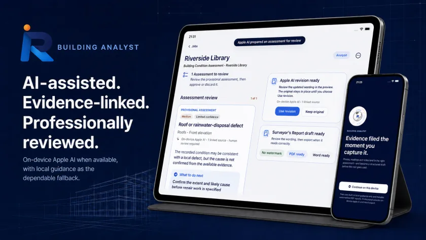 Building Analyst marketing composition showing an iPad assessment review and an iPhone welcome screen, with professional review kept central.