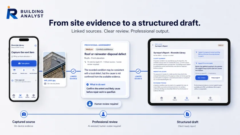 Building Analyst marketing composition tracing an on-device source through professional review to a structured Riverside Library report draft.