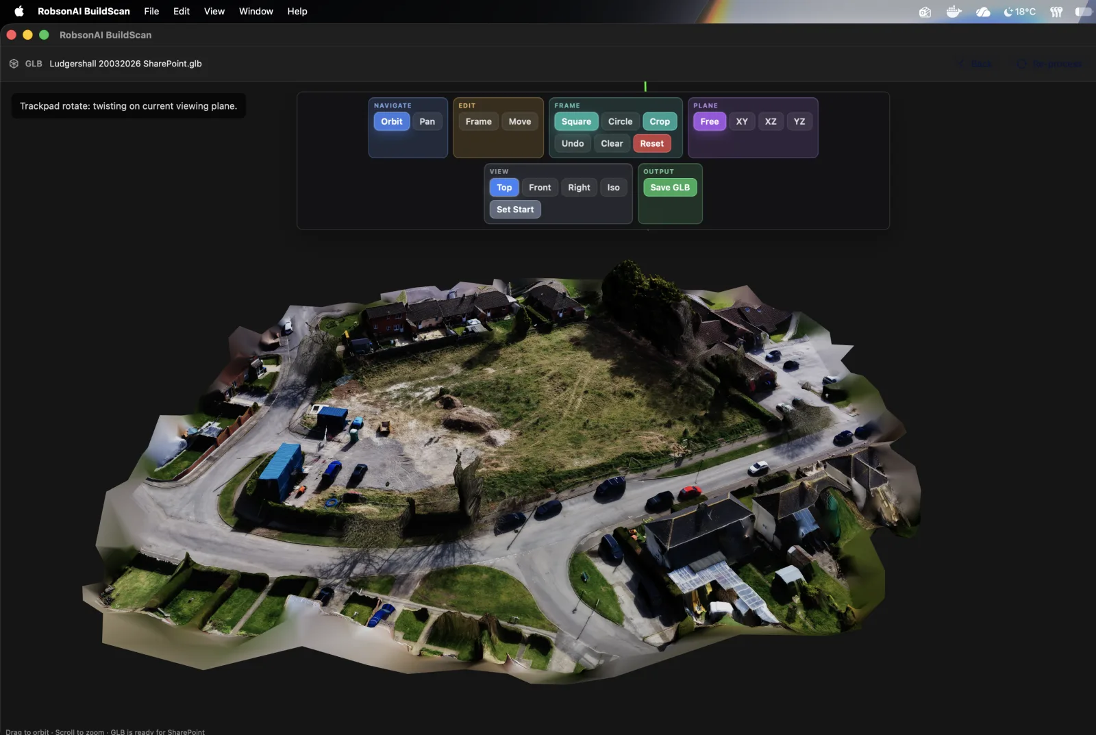 Real BuildScan application showing the Ludgershall housing site model