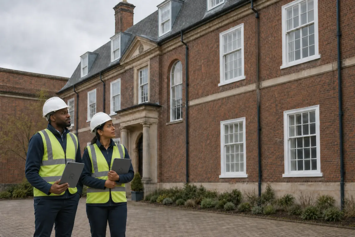 Two building surveyors inspecting the exterior of an existing British brick building